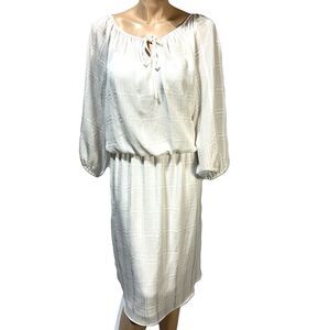 Chaps Ralph Lauren White Blouson Dress Balloon Sleeve Keyhole Neck Size 16W NWT